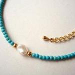 Turquoise Beaded Necklace, Delicate Feminine..