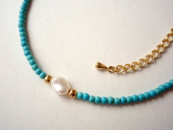Turquoise Beaded Necklace, Delicate Feminine Necklace, Pearl Necklace, Friendship And Bridesmaid Jewelry
