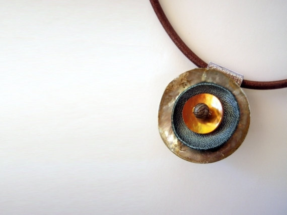 Shell And Leather Unique Pendant Necklace - Golden Brown Orange - Fall Winter Fashion Necklace - Round Leather Pendant