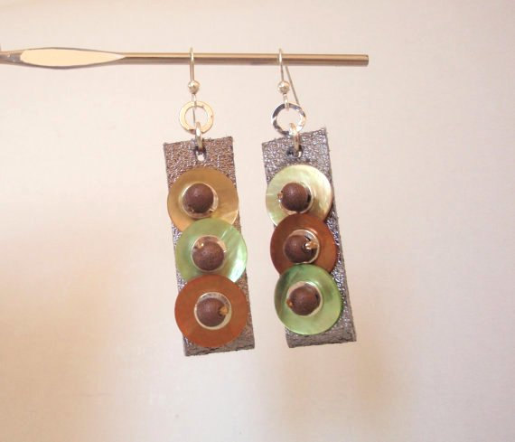 Autumn Colors - Leather Geometric Earrings - Mother Of Pearl Earrings - Fall Winter Gift For Her