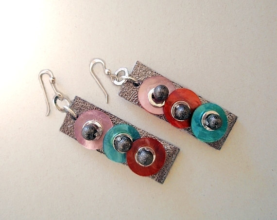 Leather Geometric Earrings - Mother Of Pearl Earrings - Colorful Dots - Fall Winter Gift For Her