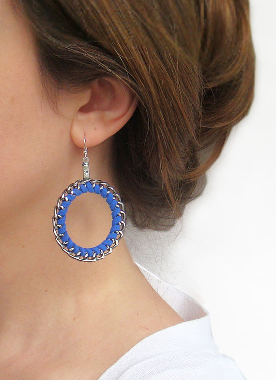 Royal Blue Earrings - Braided Hoop Earrings - Round Wrap Chain Earrings - Everyday Jewelry
