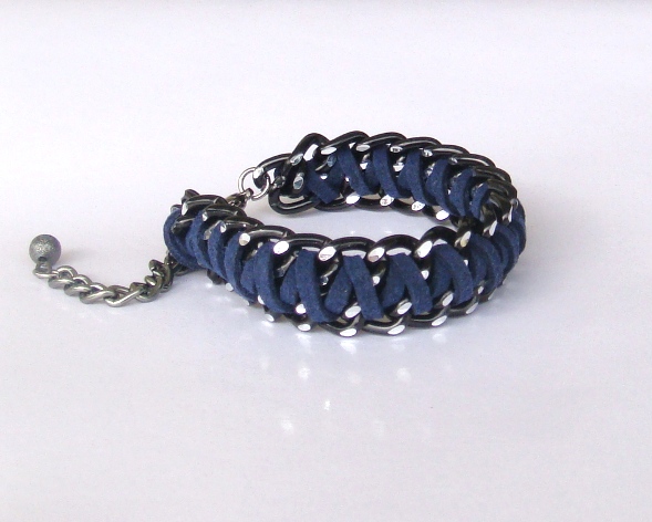 Midnight Blue Braided Chain Bracelet, Braided Cuff Bracelet, Black Chunky Chain And Fiber In Navy Blue
