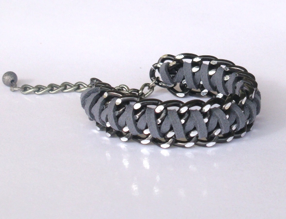 Graphite Grey - Braided Chain Bracelet - Braided Cuff Bracelet - Black Chunky Chain And Fiber In Black And Grey