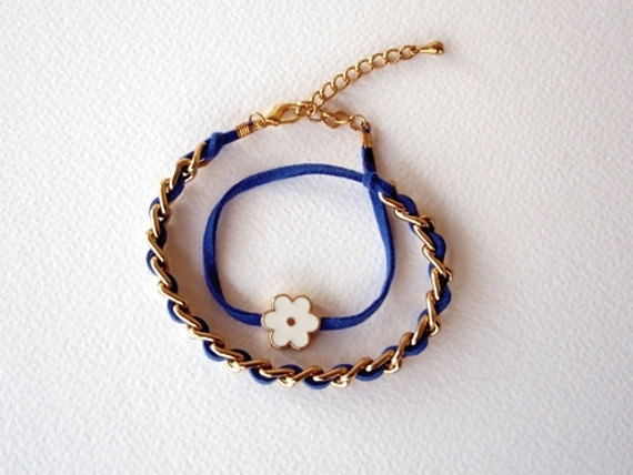 Double Wrap Bracelet, Cobalt Blue, Gold Chain, White Daisy Enammeled Bead, Fashion Bracelet