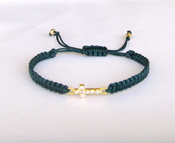 Rhinestone Cross Charm Bracelet - Macrame Friendship Bracelet - Dark Cactus Green And Gold - Layering Bracelet
