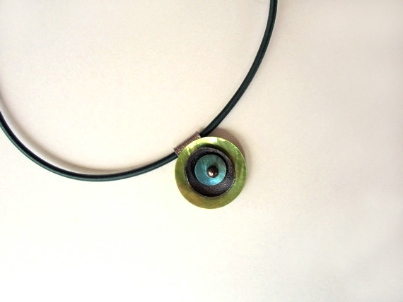 Shell And Leather Unique Pendant Necklace - Light Green And Blue - Fall Winter Fashion Necklace - Round Leather Pendant
